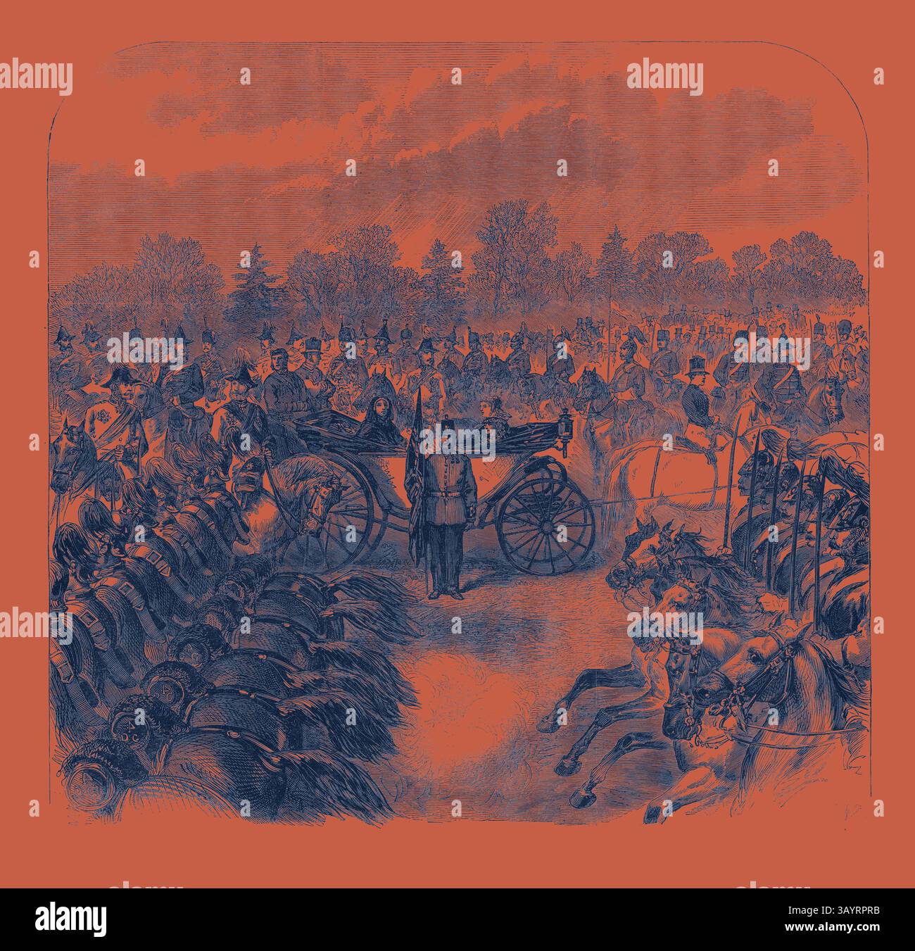 Eine historische Szene, die eine große Menschenmenge darstellt, die sich um eine Militärprozession versammelte, mit einer Pferdekutsche und Soldaten in Formation vor einem Hintergrund von Bäumen und Zuschauern. Inspektion der Truppen in Aldershott durch die Königin: Kavallerie, die 1868 klassische Kunst mit einem modernen Twist überholt von Artotop Stockfoto