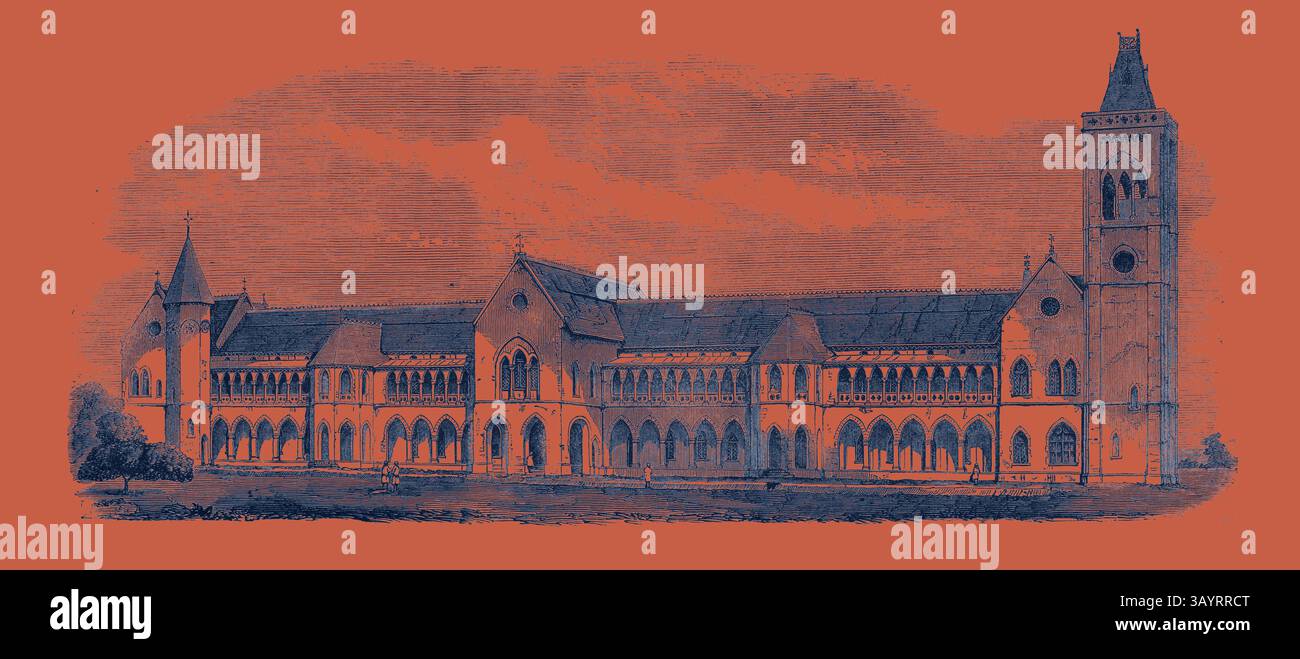 Eine große architektonische Struktur mit komplizierten Details, hohen Türmen und einer Reihe von Bögen vor einem kontrastierenden Hintergrund, der seinen historischen Charakter unterstreicht. Das Sassoon Hospital in Poonah in der Nähe von Bombay 1868 Klassische Kunst mit einem modernen Twist von Artotop neu interpretiert Stockfoto
