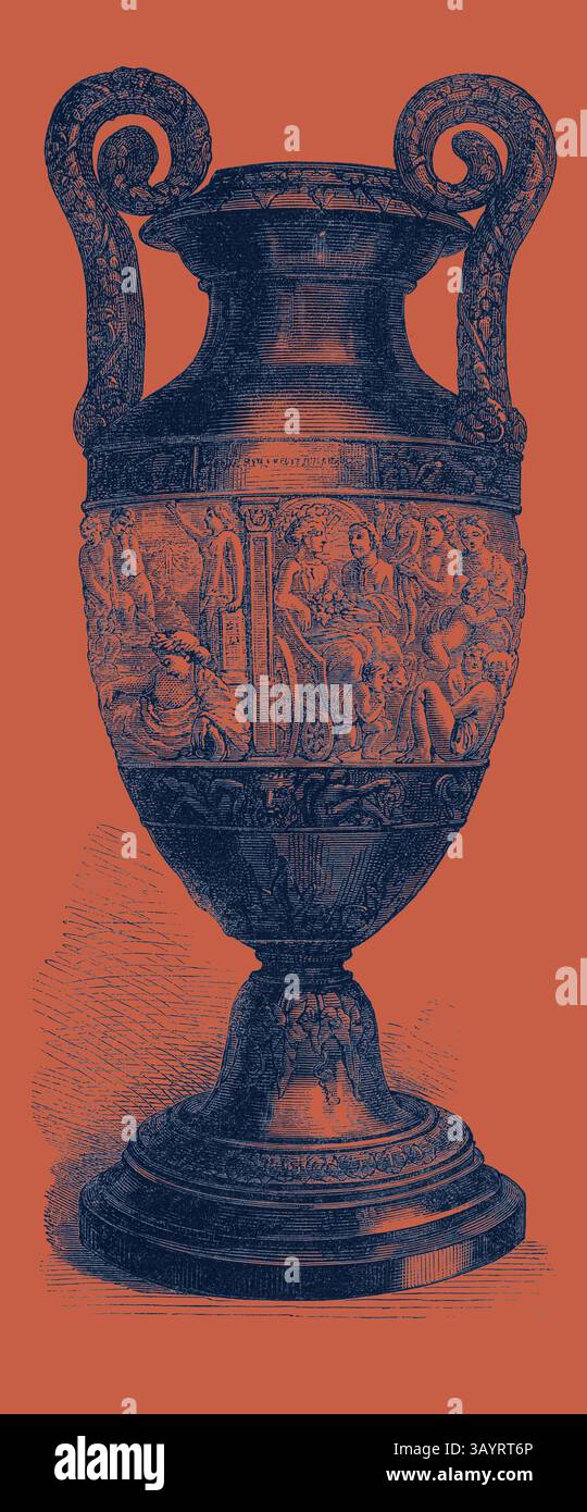 Eine wunderschön gefertigte Vase mit aufwändigen Gravuren, die klassische Szenen darstellen, mit kunstvollen Griffen, die sich an der Oberseite anmutig Rollen lassen, und einem stabilen Sockel. Das Design zeigt eine Mischung aus künstlerischen Details und historischer Bedeutung. Vase 1868 Klassische Kunst mit modernem Touch, neu interpretiert von Artotop Stockfoto