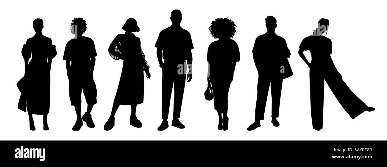 Stilvolle Gruppe aus verschiedenen Personen in Sommeroutfits Stock Vektor