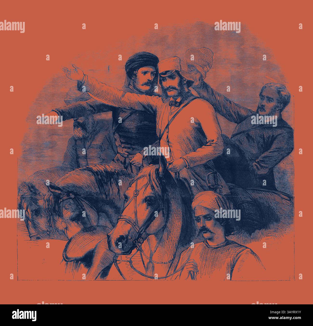 Eine Gruppe historischer Persönlichkeiten zu Pferd, die an einer Diskussion oder Planung teilgenommen haben, wobei ein Mann mit Nachdruck gespendet wird, während andere aufmerksam zuhören. Das Umfeld weckt ein Gefühl von Führung und Kameradschaft unter prominenten Persönlichkeiten aus der Vergangenheit. Gruppe aus Barker's Grand Historical Picture The Relief of Lucknow Colonel Greathed (zweiter von links auf dem Pferderücken) Generalleutnant Sir Hope Grant K.C.B. (Zentrum auf dem Pferderücken) Hr. Major Anson V.C. (rechts auf dem Pferderücken) Klassische Kunst mit einem modernen Twist, neu interpretiert von Artotop Stockfoto