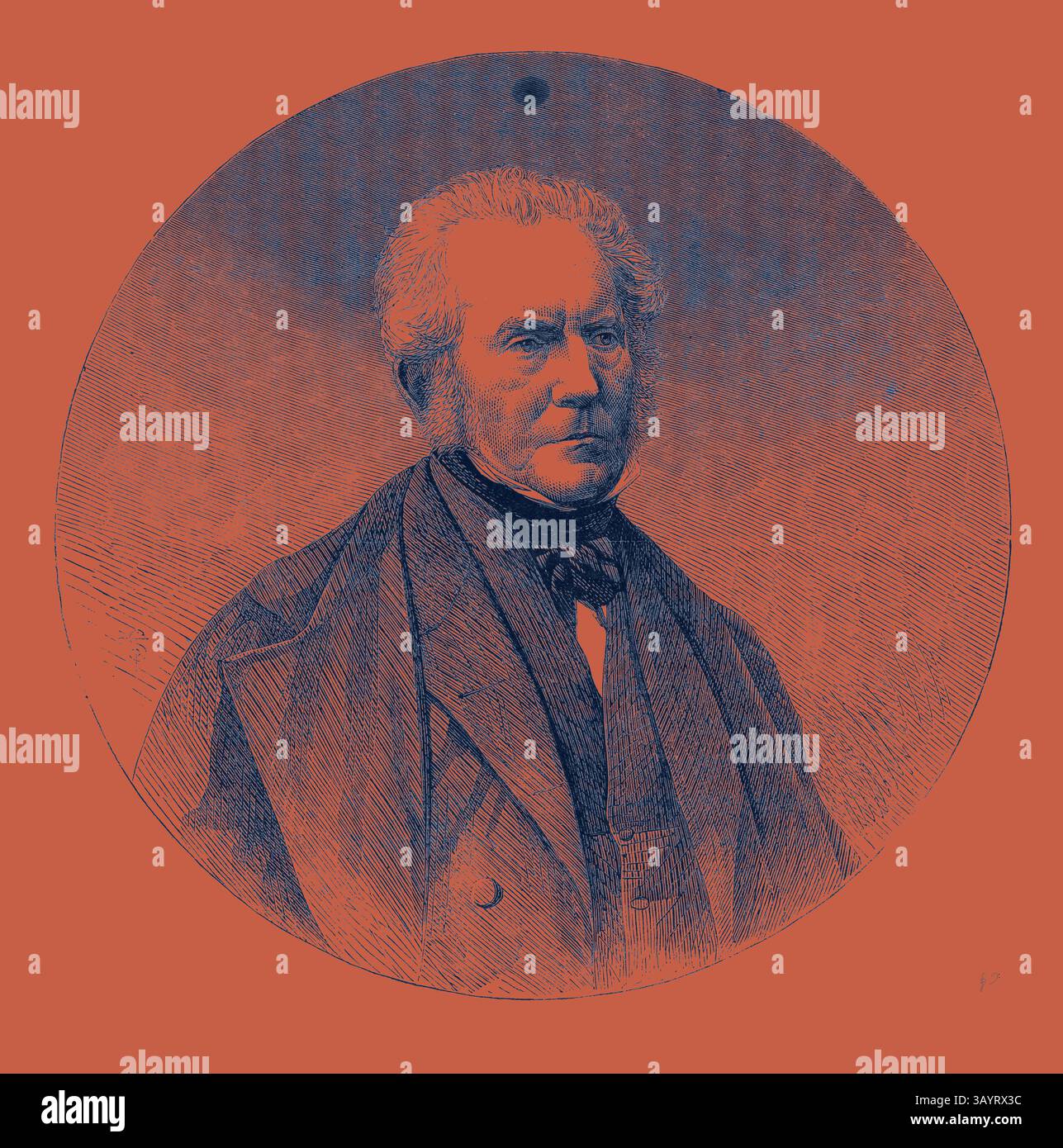 Ein ausgezeichneter Gentleman mit durchdachtem Ausdruck, gekleidet in einem formellen Mantel und einer Fliege, die einen Hauch von Autorität und Raffinesse ausstrahlt. Die detaillierten Linien seines Gesichts und seiner Kleidung deuten auf eine bedeutende historische Präsenz hin. Der verstorbene Sir Hugh Lyon Playfair K.C.B. Provost von St. Andrews Classic Art mit einem modernen Twist, der von Artotop neu interpretiert wurde Stockfoto