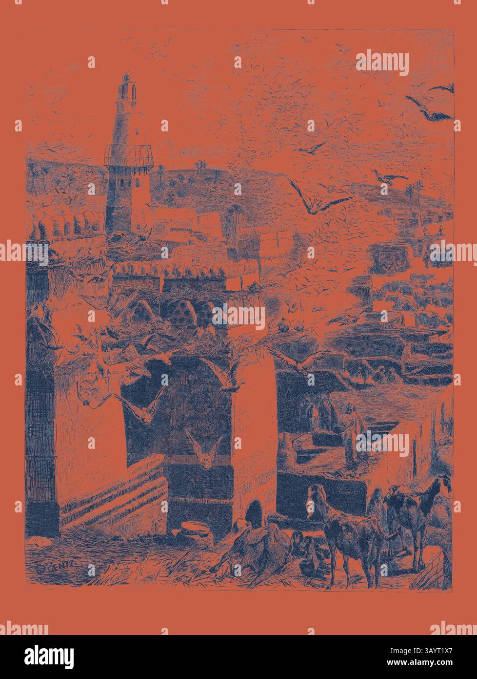 Eine geschäftige Szene zeigt ein historisches Stadtbild mit komplizierter Architektur, in dem Figuren inmitten von Dächern, umgeben von hoch aufragenden Vögeln, zu sehen sind. Die Atmosphäre weckt ein Gefühl von Aktivität und Leben und spiegelt ein reiches kulturelles Erbe wider. Pferde sind vorhanden, was die lebhafte Atmosphäre der Umgebung verbessert. DORF IN OBERÄGYPTEN. Ägypten, Gravur 1879 Klassische Kunst mit einem modernen Touch, neu interpretiert von Artotop Stockfoto