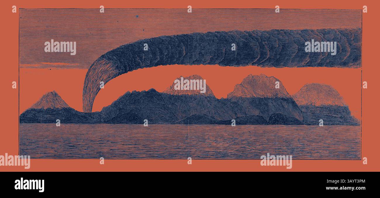Eine dramatische Landschaft, in der sich majestätische Berge unter einer wirbelnden Wolkenformation befinden, die eine Atmosphäre aus einer anderen Welt schafft. Der Kontrast zwischen den zerklüfteten Gipfeln und der fließenden Bewegung der Wolken weckt ein Gefühl von Mysterium und Ehrfurcht. Die Eruption auf Mount Hecla, Island, Tin Fjeld Klassische Kunst mit einem modernen Twist, neu interpretiert von Artotop Stockfoto