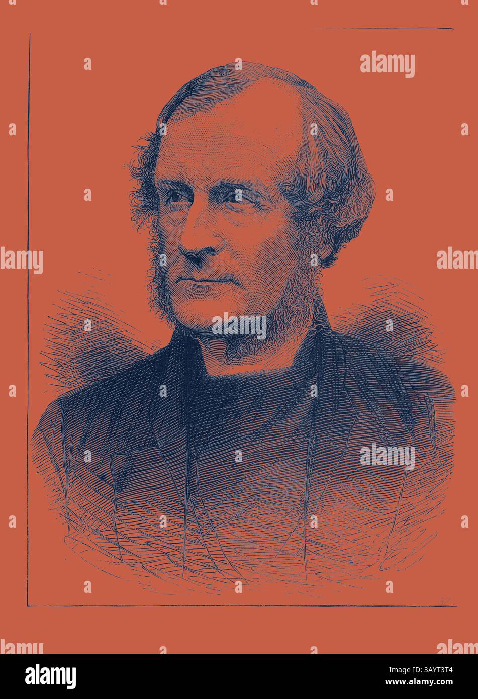 Ein ausgezeichneter Gentleman mit auffälligen Koteletten und einem nachdenklichen Ausdruck, in formeller Kleidung gekleidet. Seine Haltung und sein Blick deuten auf eine Person mit Intellekt und Statur hin. Der rechte Pfarrer George Augustus Selwyn, Bischof von Lichfield Klassische Kunst mit einem modernen Twist, der von Artotop neu gestaltet wurde Stockfoto