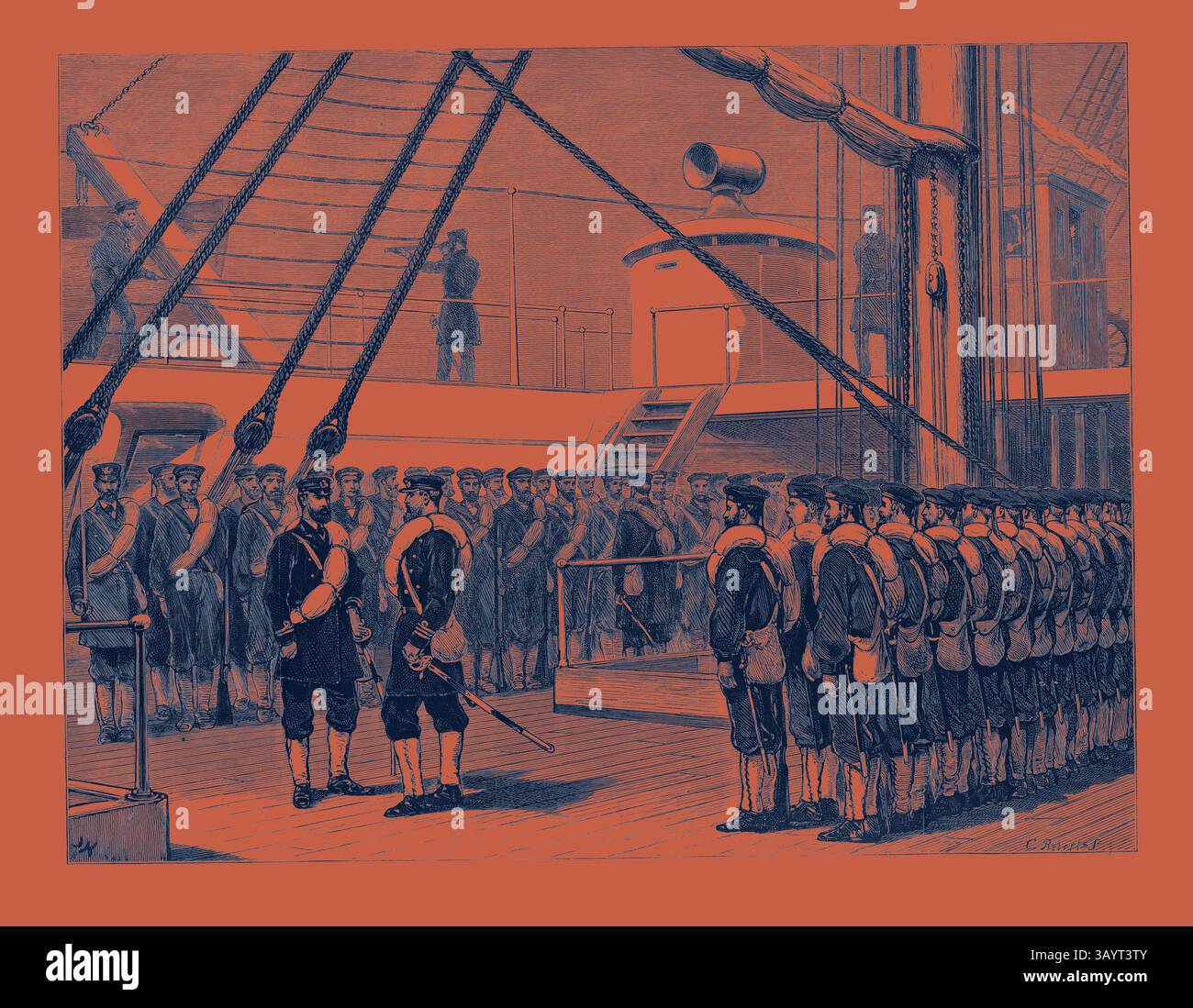 Eine historische Seeszene, die eine feierliche Zeremonie auf einem Schiff darstellt, in der eine Versammlung uniformierter Marineoffiziere und Seeleute zu sehen ist. Die Vorderseite der Szene zeigt einen Kommandanten, der die Besatzung anspricht, während andere in Formation stehen, umgeben von Schiffsausrüstung und -Strukturen im Hintergrund. Warten auf Diplomatie, Seefahrt, Schiff, an Bord Klassische Kunst mit einem modernen Twist, neu interpretiert von Artotop Stockfoto