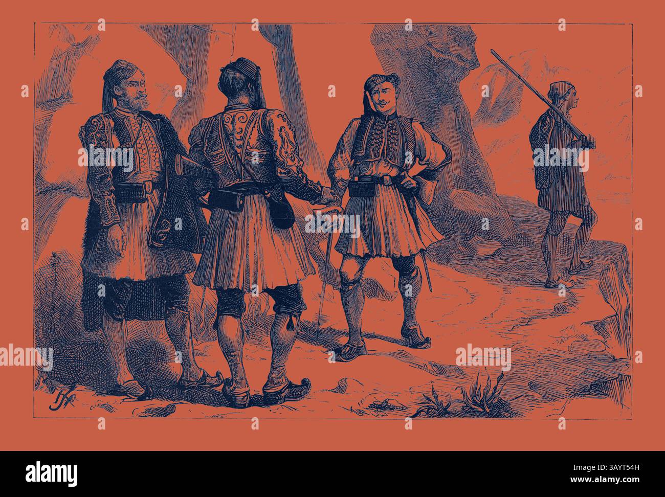 Eine Gruppe historischer Persönlichkeiten, die in kunstvoller traditioneller Kleidung gekleidet sind, unterhalten sich in einer zerklüfteten Landschaft, während eine Einzelfigur im Hintergrund steht, einen Speer hält und die Szene beobachtet. Typ. H. Townsend Künstler Klassische Kunst mit einem modernen Touch, neu gestaltet von Artotop Stockfoto