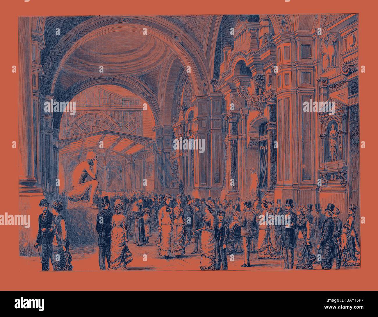 Eine geschäftige Ausstellungshalle mit elegant gekleideten Personen, mit architektonischen Bögen und einer prominenten Statue im Zentrum, die eine Mischung aus Kunst und geselligem Zusammensein in einem historischen Ambiente zeigt. Die Paris-Ausstellung – eine der Querstraßen, Eingang zum französischen Kunsthof, Frankreich Klassische Kunst mit einem modernen Touch, neu interpretiert von Artotop Stockfoto