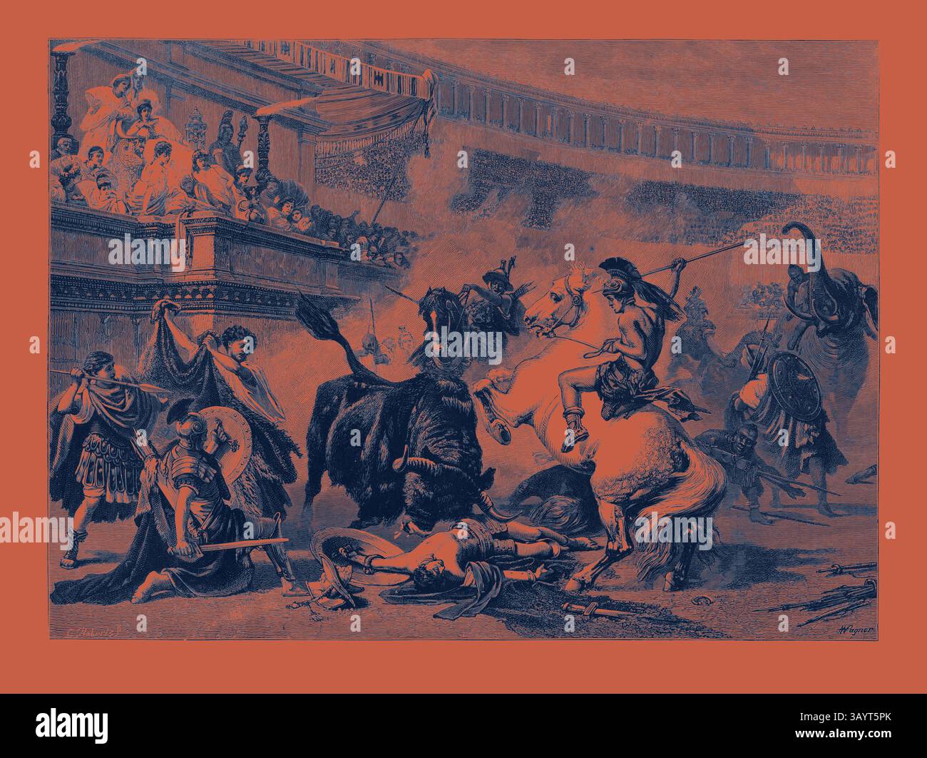 Eine chaotische Szene in einer antiken Arena, die ein wildes Schauspiel aus Kampf und Chaos zeigt, mit Kriegern, die in den Kampf verwickelt sind und Zuschauern, die von erhöhten Sitzen aus beobachten, eingetaucht in die Intensität des Augenblicks. Ein Stierkampf Klassische Kunst mit modernem Touch, neu interpretiert von Artotop Stockfoto