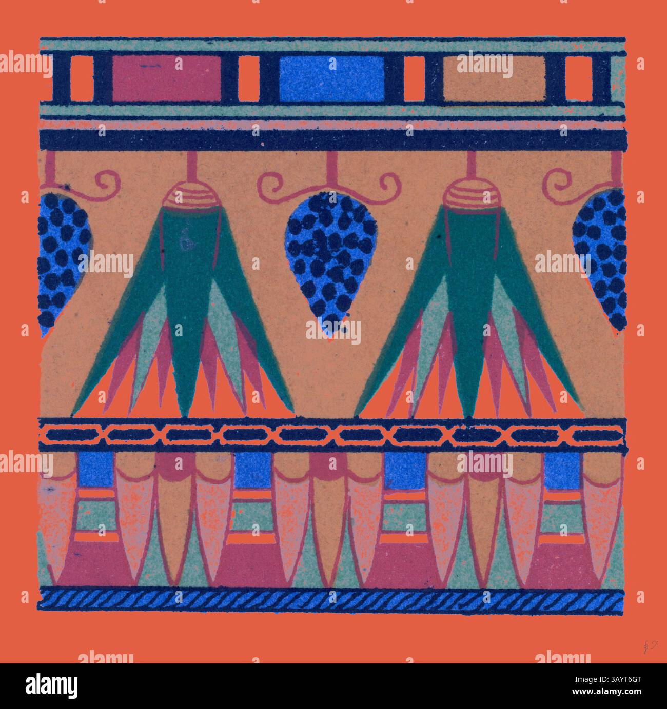 Ein lebendiges Dekorationsmuster mit stilisiertem grünem Laub und komplexen blauen Elementen, die von einem auffälligen orangefarbenen Hintergrund unterstrichen werden. Das Design zeigt eine Reihe von geometrischen Formen und symmetrischen Motiven, die ein Gefühl von Kunstfertigkeit und kulturellem Einfluss wecken. Ägyptisches Ornament Klassische Kunst mit modernem Touch, neu gestaltet von Artotop Stockfoto