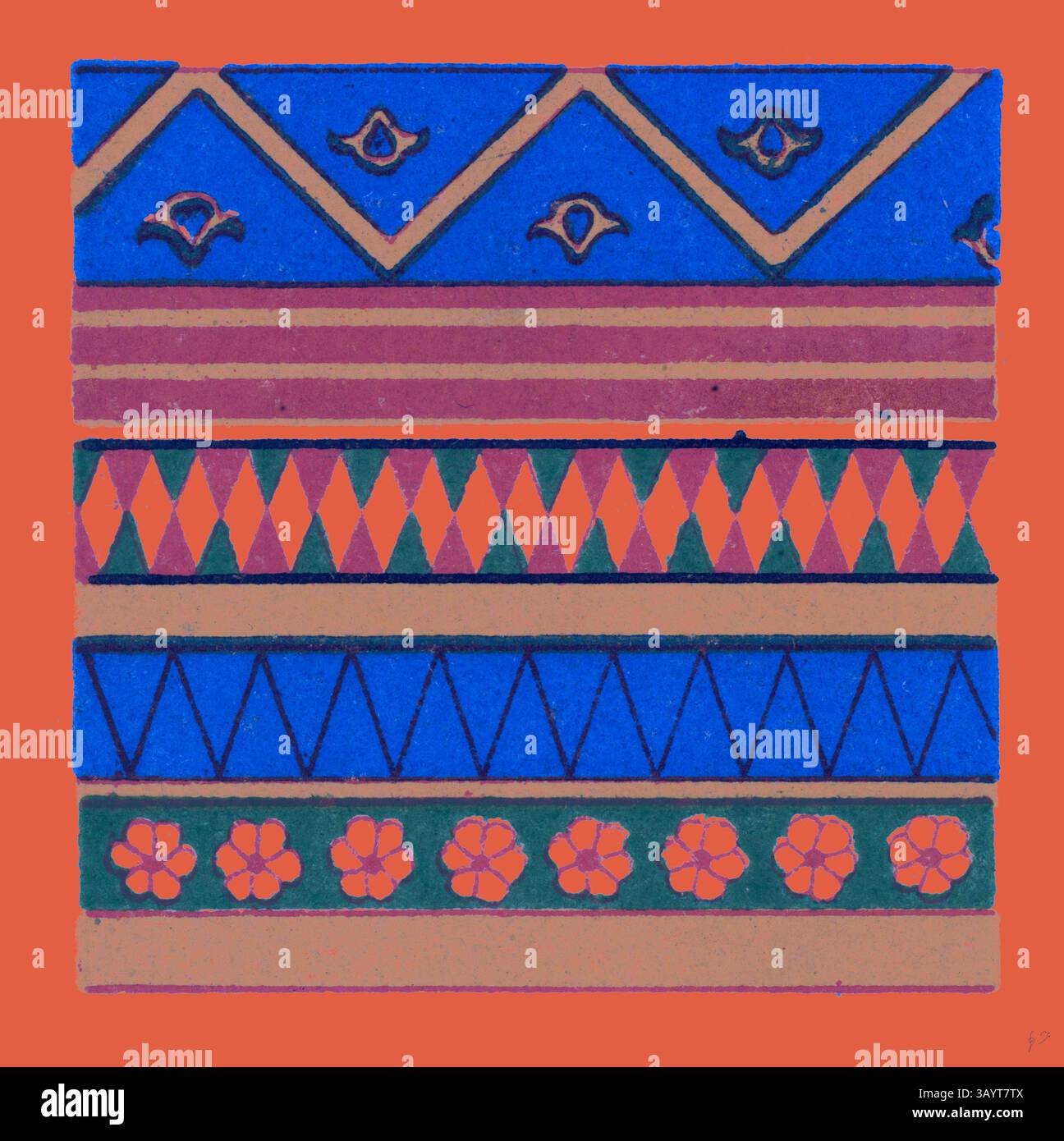 Eine lebhafte Darstellung geometrischer Muster und Blumenmotive in kräftigen Blau-, Orangen- und Erdtönen. Das Design zeigt komplizierte Linien und Formen, die einen kulturellen Reichtum und künstlerische Handwerkskunst wecken. Ägyptisches Ornament Klassische Kunst mit modernem Touch, neu gestaltet von Artotop Stockfoto