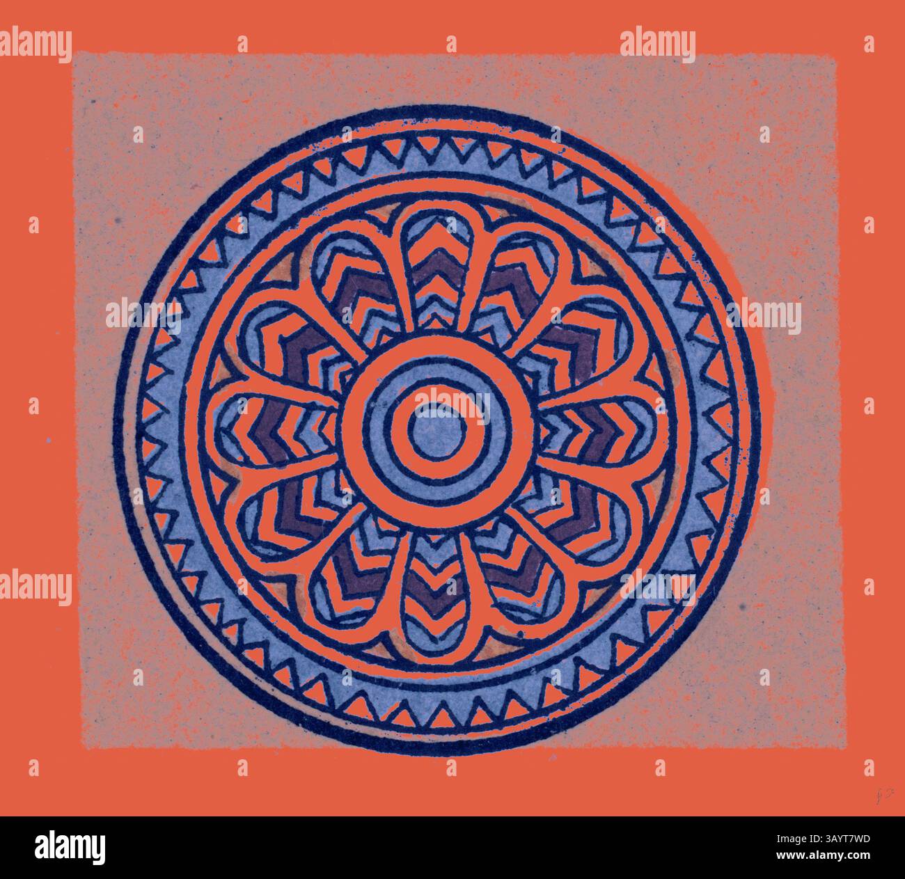 Ein kreisförmiges Muster mit komplexen geometrischen Formen und floralen Elementen, umgeben von einem lebendigen, kontrastierenden Hintergrund. Das Design bietet eine harmonische Mischung aus Symmetrie und detaillierter Linienführung. Assyrisches und persisches Ornament Klassische Kunst mit modernem Touch, neu interpretiert von Artotop Stockfoto