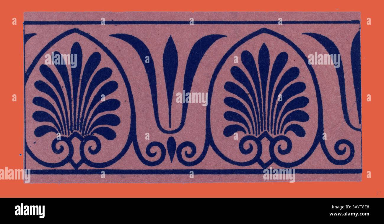 Eine dekorative Borte mit sich wiederholenden Motiven aus kunstvollen schalenartigen Formen, eingerahmt von eleganten Wirbeln. Das Design zeigt eine harmonische Mischung aus Kurven und komplizierten Details. Griechische Ornamente und etruskische Ornamente Klassische Kunst mit modernem Touch, neu gestaltet von Artotop Stockfoto