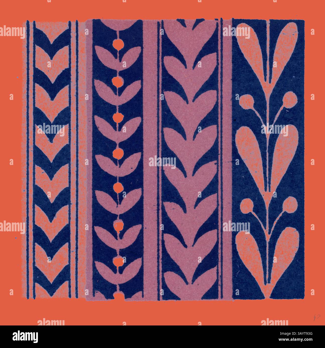 Ein lebhaftes Muster mit auffälligen, stilisierten Blättern und Blumenmotiven in kräftigen Farbtönen vor kontrastierendem Hintergrund. Das Design zeigt eine rhythmische Anordnung von Formen, die eine lebendige visuelle Textur erzeugen. Griechische Ornamente und etruskische Ornamente Klassische Kunst mit modernem Touch, neu gestaltet von Artotop Stockfoto