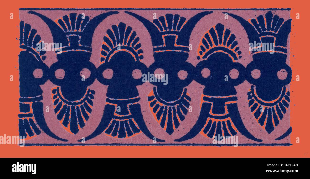 Ein kompliziertes Muster mit sich wiederholenden Motiven stilisierter Figuren mit fächerähnlichen Details, verbunden mit kreisförmigen Elementen, vor einem kontrastierenden Hintergrund. Griechische Ornamente und etruskische Ornamente Klassische Kunst mit modernem Touch, neu gestaltet von Artotop Stockfoto