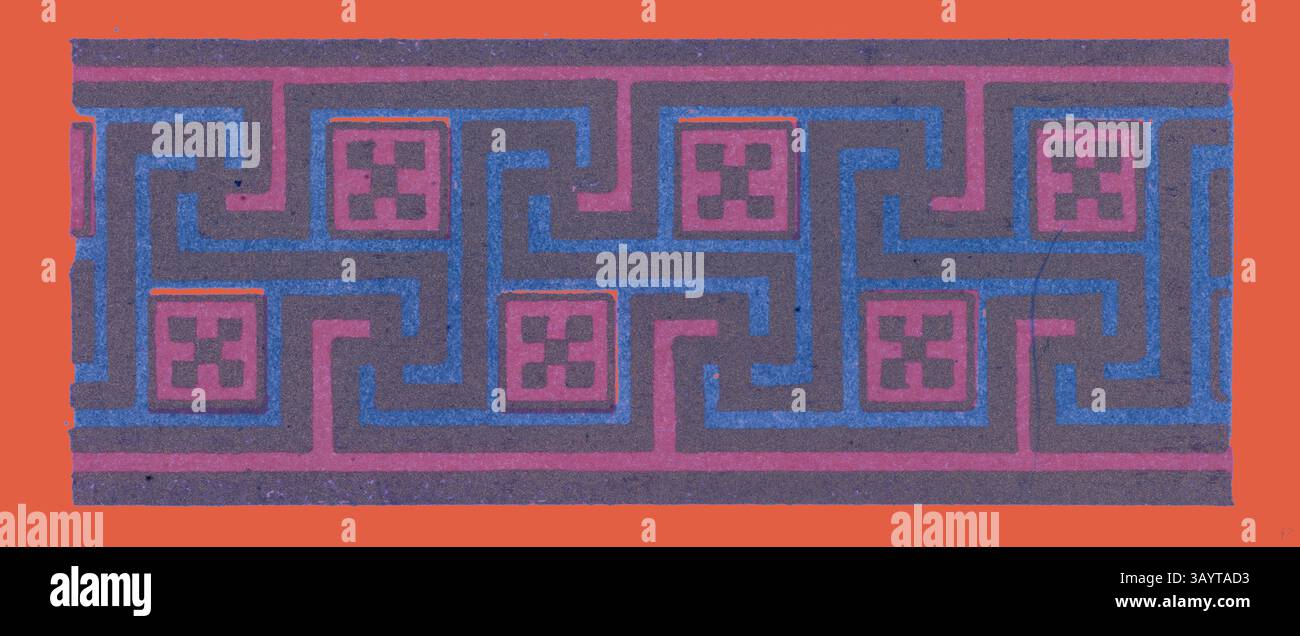 Ein lebendiges geometrisches Muster mit ineinander greifenden Formen in Violett- und Blautönen vor einem auffälligen orangen Hintergrund. Das Design zeigt einen rhythmischen Fluss und schafft eine visuell ansprechende und moderne Ästhetik. Griechische Ornamente Klassische Kunst mit modernem Touch, neu gestaltet von Artotop Stockfoto