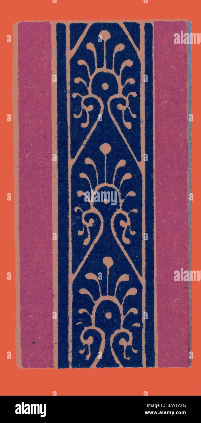 Ein dekoratives Muster mit komplizierten Blumenmotiven, eingerahmt von kräftigen Linien in Kontrastfarben. Das Design zeigt eine Mischung aus Eleganz und Stil, die an Vintage-Ästhetik erinnert. Pompeji Ornament Klassische Kunst mit modernem Touch, neu gestaltet von Artotop Stockfoto