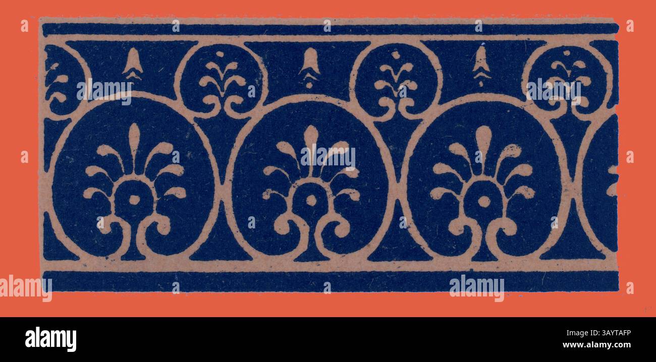 Ein dekoratives Muster mit symmetrischen, in Kreisen angeordneten Blumenmotiven vor einem kontrastierenden Hintergrund. Das Design zeigt komplexe Linien und Formen, die ein Gefühl von Eleganz und Harmonie hervorrufen. Pompeji Ornament Klassische Kunst mit modernem Touch, neu gestaltet von Artotop Stockfoto