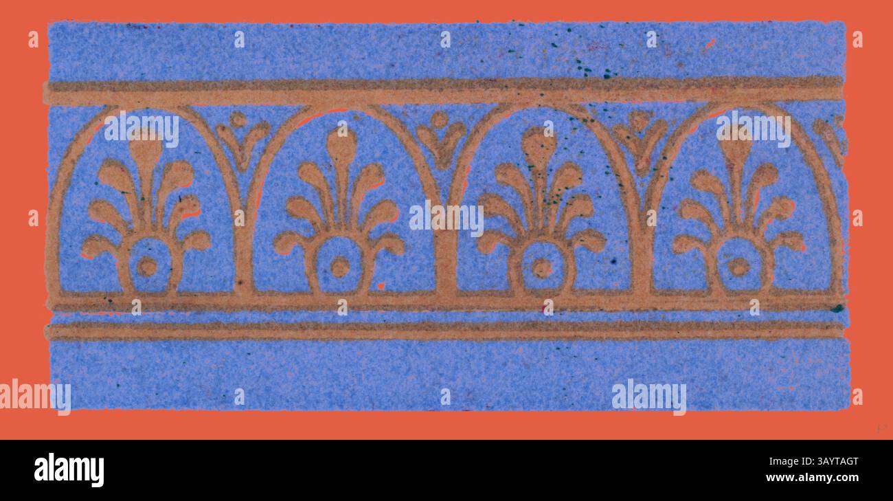 Eine komplizierte dekorative Borte mit Bögen und Blumenmotiven vor einem leuchtend blauen Hintergrund. Das Design zeigt ein sich wiederholendes Muster, das Eleganz und Handwerkskunst ausstrahlt. Pompeji Ornament Klassische Kunst mit modernem Touch, neu gestaltet von Artotop Stockfoto