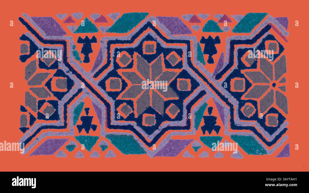 Ein lebendiges und kompliziertes Muster mit geometrischen Formen, darunter stilisierte Blumen und Sterne, vor einem reichen Korallenhintergrund. Das Design zeigt eine harmonische Mischung aus Farben und glatten Linien, die ein Gefühl traditioneller Handwerkskunst wecken. Byzantinisches Ornament Klassische Kunst mit modernem Touch, neu gestaltet von Artotop Stockfoto