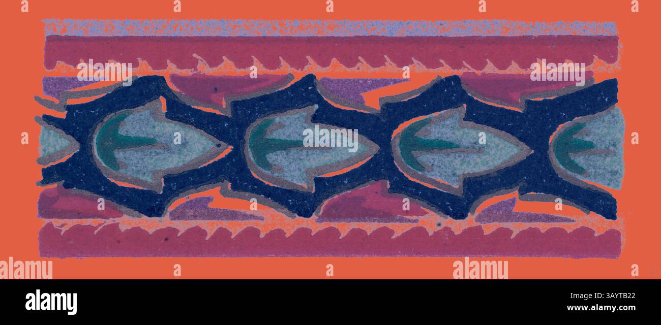 Eine dekorative Borte zeigt ein kompliziertes Muster aus stilisierten Blättern und geometrischen Formen, die mit lebhaften Farben kombiniert sind, die eine reichhaltige visuelle Textur schaffen. Byzantinisches Ornament Klassische Kunst mit modernem Touch, neu gestaltet von Artotop Stockfoto