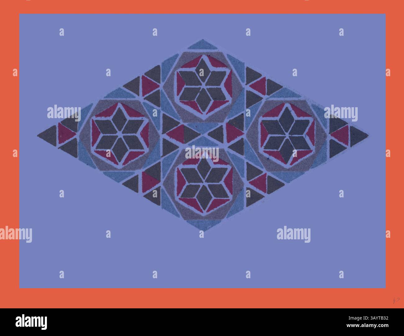 Ein geometrisches Design mit komplizierten Sternmustern und farbenfrohen Formen in einem Rautenlayout vor einem kontrastierenden Hintergrund. Die lebendigen Farbtöne sorgen für einen dynamischen visuellen Effekt, der die detailgetreue Verarbeitung unterstreicht. Byzantinisches Ornament Klassische Kunst mit modernem Touch, neu gestaltet von Artotop Stockfoto