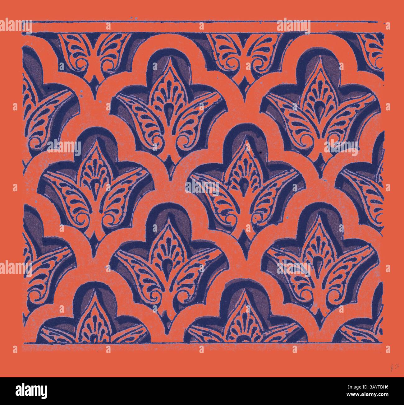 Ein kompliziertes Muster mit stilisierten Blumenmotiven, die in einer Reihe von Bogenformen angeordnet sind, vor einem auffälligen roten Hintergrund. Das Design zeigt eine Mischung aus auffälligen und zarten Linien, die ein Gefühl von Tiefe und Rhythmus schaffen. Arabian Ornament Klassische Kunst mit modernem Touch, neu interpretiert von Artotop Stockfoto