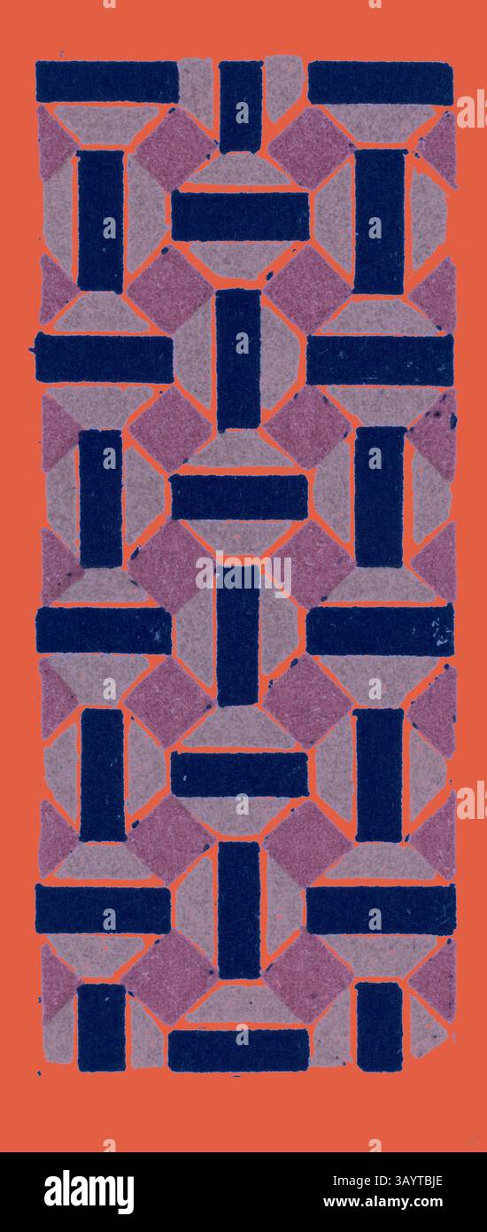 Ein geometrisches Muster mit ineinander greifenden Formen in violetten und blauen Tönen vor einem leuchtend rötlich-orangen Hintergrund. Das Design zeigt eine harmonische Mischung aus kantigen und abgerundeten Formen und schafft eine optisch eindrucksvolle Komposition. Arabian Ornament Klassische Kunst mit modernem Touch, neu interpretiert von Artotop Stockfoto