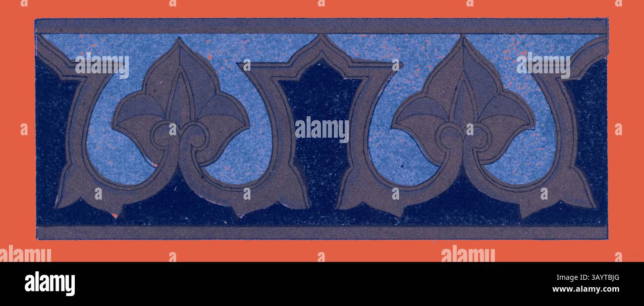 Ein dekoratives Muster mit komplizierten Motiven aus stilisierter Fleur-de-Lis, elegant angeordnet vor einem kontrastierenden Hintergrund. Das Design zeigt eine harmonische Mischung aus Kurven und scharfen Kanten, die ein Gefühl von Symmetrie und Kunstfertigkeit unterstreicht. Türkisches Ornament Klassische Kunst mit modernem Touch, neu gestaltet von Artotop Stockfoto