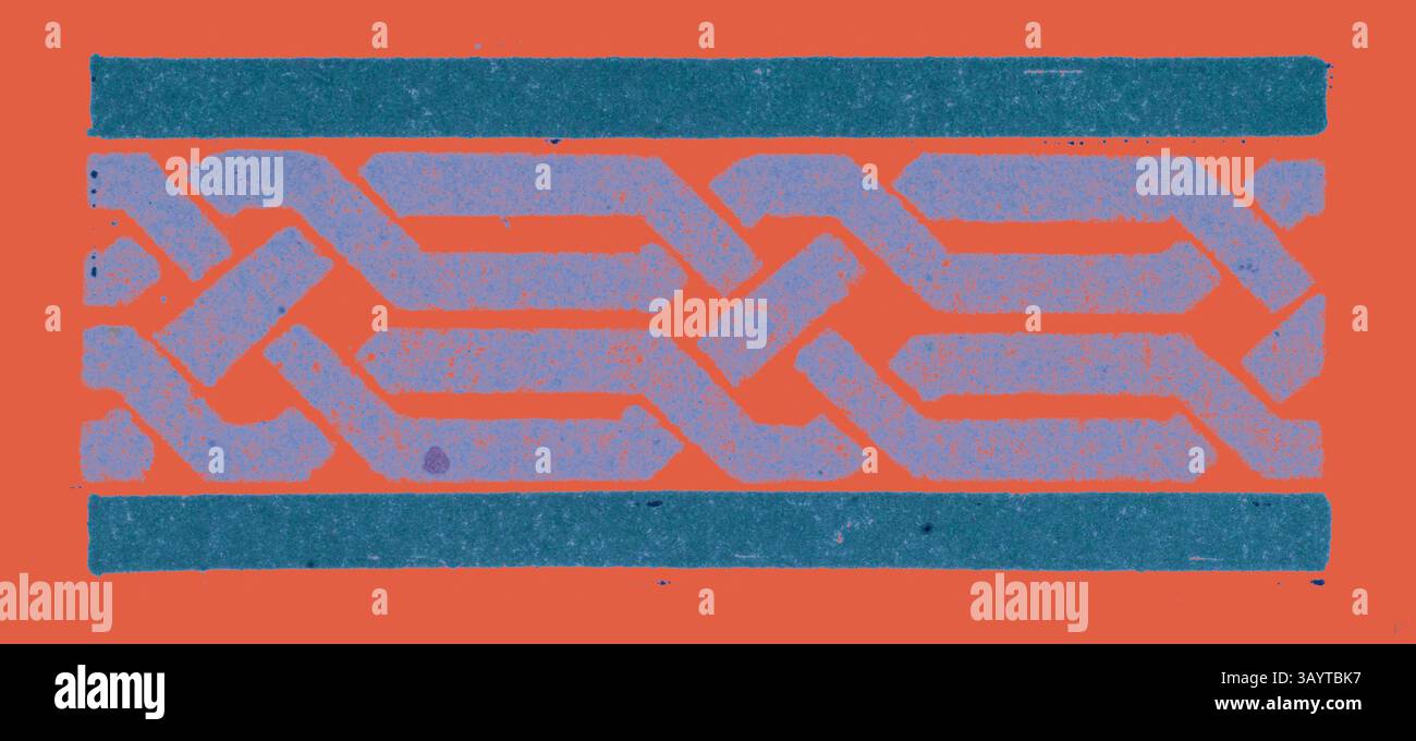Ein dekoratives Muster mit ineinander verwobenen Linien in Kontrasttönen vor einem lebendigen Hintergrund. Das Design zeigt ein rhythmisches und strukturiertes Zusammenspiel und lädt zu einem genaueren Blick ein. Klassische Kunst mit moderner Note, die von Artotop neu gestaltet wurde Stockfoto