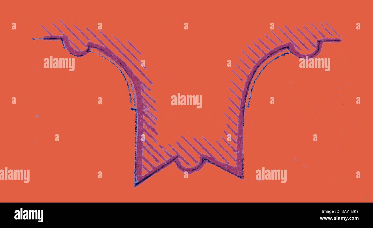 Eine stilisierte Illustration eines symmetrischen dekorativen Elements, das einem Großbuchstaben „W“ ähnelt, mit gekrümmten und spitzen Kanten. Das Design zeigt komplizierte Linienarbeiten, die Tiefe und Textur verleihen. Der Hintergrund ist eine kontrastierende einfarbige Farbe, die die Sichtbarkeit der Form verbessert. Türkisches Ornament Klassische Kunst mit modernem Touch, neu gestaltet von Artotop Stockfoto