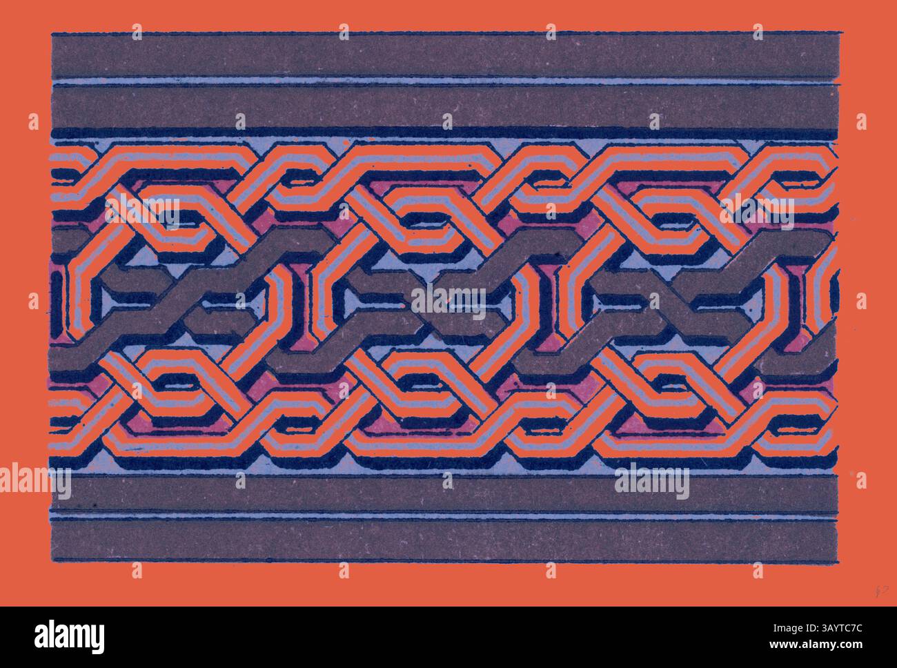 Ein kompliziertes geometrisches Muster mit ineinander verwobenen Linien und lebhaften Farben, das einen dynamischen visuellen Rhythmus erzeugt. Das Design zeigt eine Mischung aus Kurven und Winkeln, die ein Gefühl von Bewegung und Tiefe vermittelt. Klassische Kunst mit moderner Note, die von Artotop neu gestaltet wurde Stockfoto