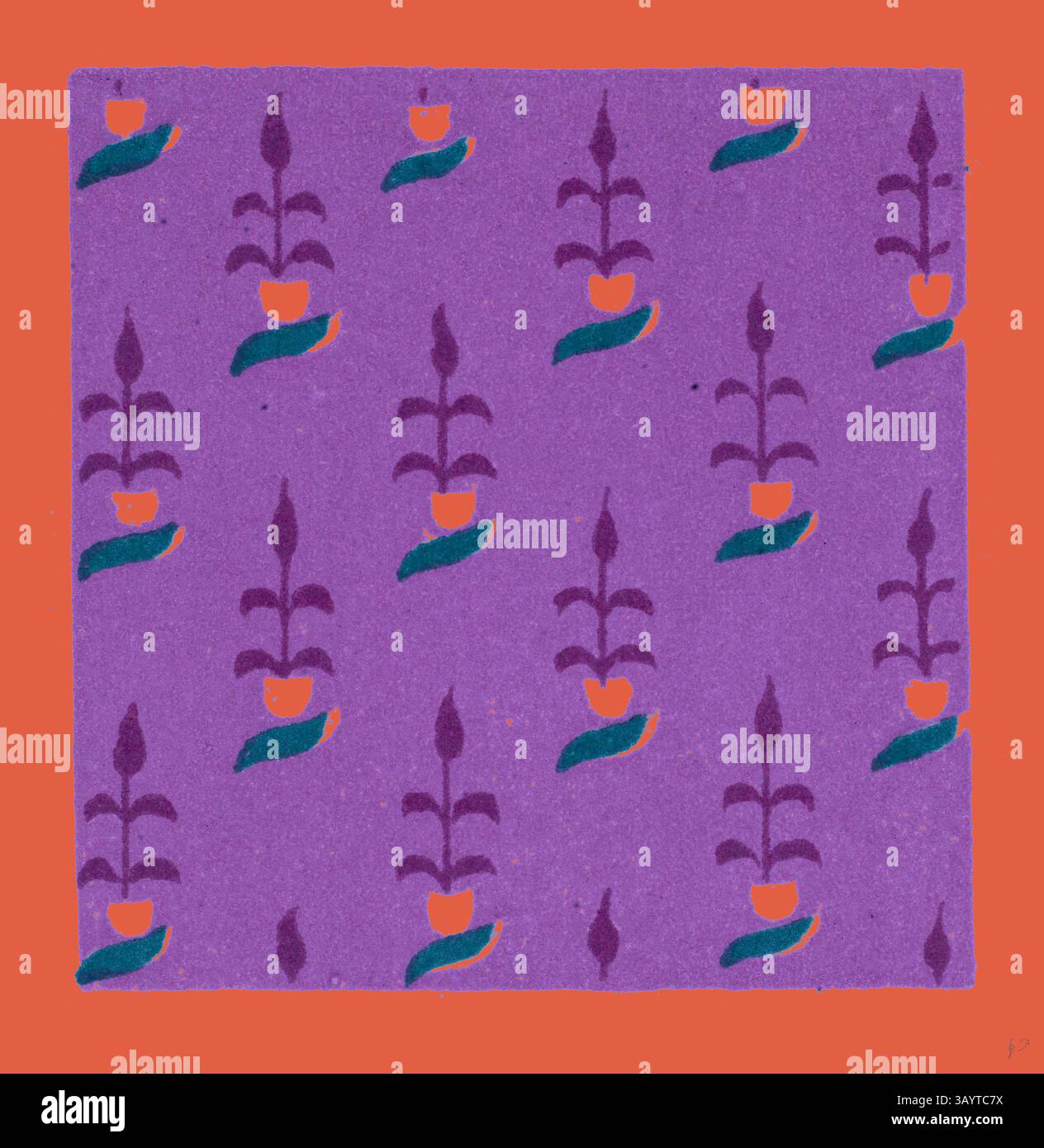 Ein lebhaftes Muster mit stilisierten Blumen in Lila, Orange und Grün vor einem kräftigen roten Hintergrund. Das florale Design zeigt ein verspieltes Arrangement, das eine lebendige und auffällige Komposition schafft. Persisches Ornament Klassische Kunst mit modernem Touch, neu interpretiert von Artotop Stockfoto