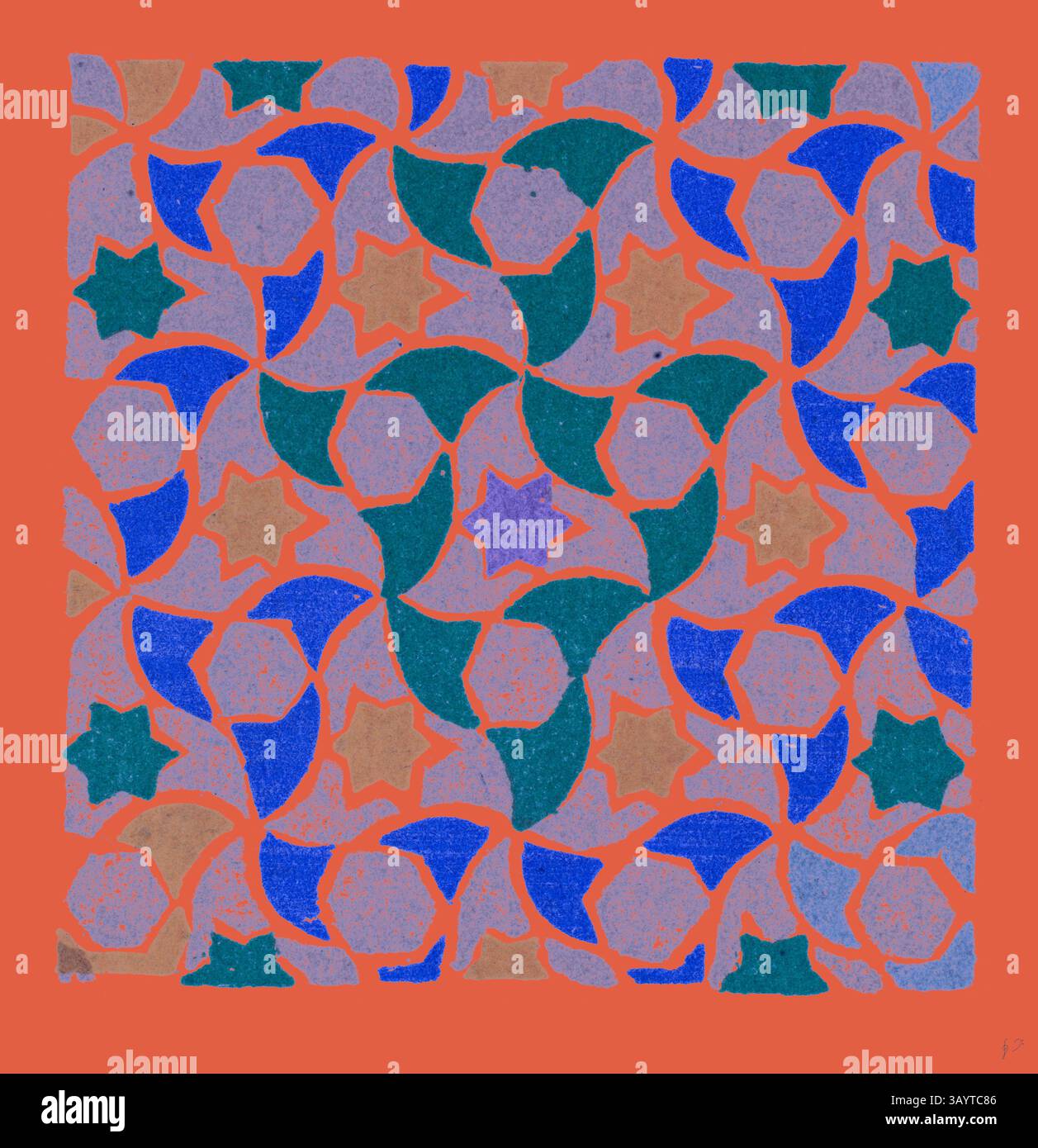 Ein lebendiges geometrisches Muster mit ineinander greifenden Formen in Blau-, Grün- und Brauntönen, umgeben von einem warmen roten Hintergrund. Das Design zeigt eine Mischung aus Stern- und Halbmond-Motiven und erzeugt einen dynamischen visuellen Rhythmus. Klassische Kunst mit moderner Note, die von Artotop neu gestaltet wurde Stockfoto