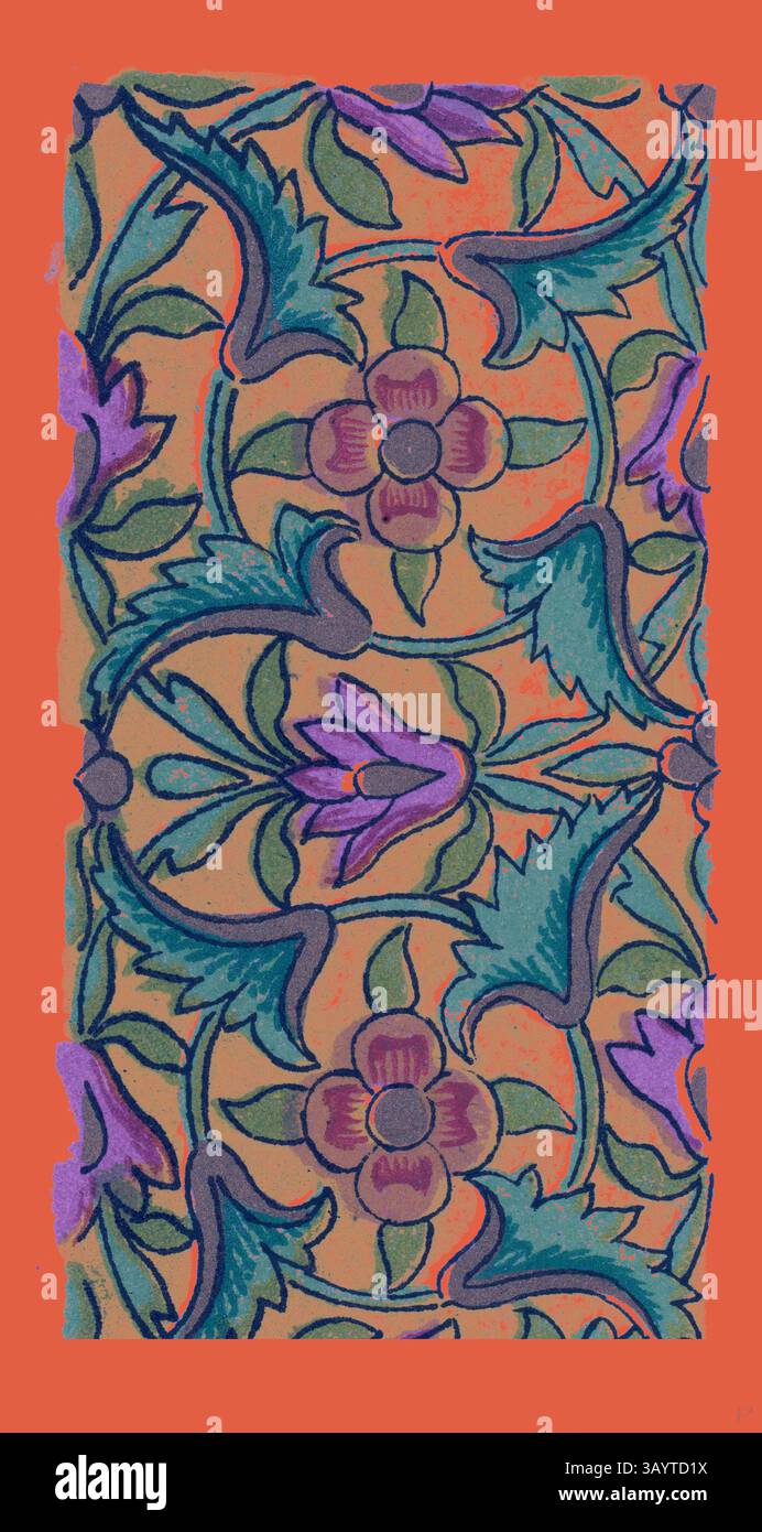 Ein lebhaftes Blumenmuster mit raffinierten Reben und blühenden Blumen in violetten und grünen Tönen vor einem warmen, erdigen Hintergrund. Das Design besticht durch eine harmonische Mischung aus natürlichen Elementen und schafft ein elegantes und dekoratives Motiv. Persisches Ornament Klassische Kunst mit modernem Touch, neu interpretiert von Artotop Stockfoto