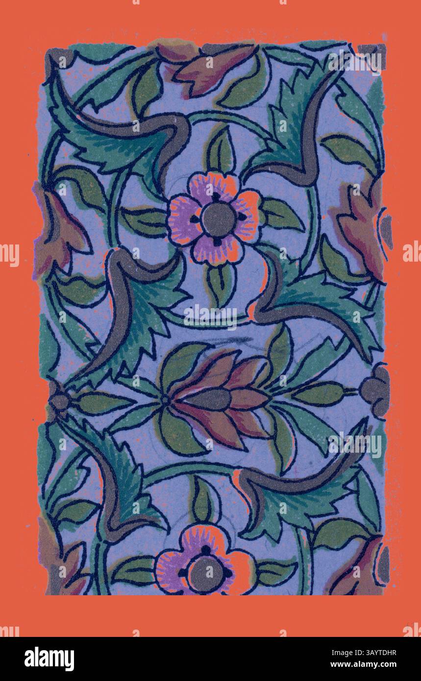 Ein lebendiges Blumenmuster mit ineinander verflochtenen Blättern und Blüten vor einem kontrastierenden Hintergrund. Das Design zeigt komplexe Details in verschiedenen Farben und schafft eine harmonische Mischung aus naturinspirierten Elementen. Persisches Ornament Klassische Kunst mit modernem Touch, neu interpretiert von Artotop Stockfoto