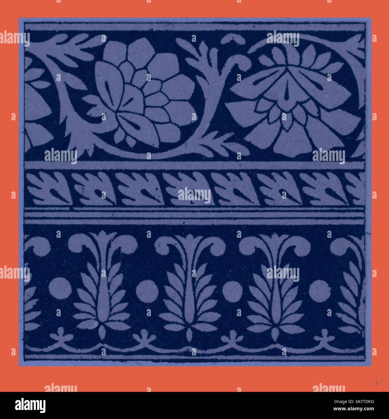 Ein dekoratives Muster mit komplexen Blumen- und Blattmustern, die in Bändern angeordnet sind, zeigt eine Mischung aus Eleganz und Kunstfertigkeit in seinem symmetrischen Layout. Satte Farbtöne bilden einen auffälligen Kontrast zu den detaillierten Motiven. Indisches Ornament Klassische Kunst mit modernem Touch, neu gestaltet von Artotop Stockfoto