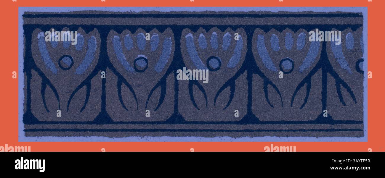 Eine dekorative Borte mit stilisierten Blumen, die jeweils mit einem Punkt in der Mitte verziert sind, in einem symmetrischen Muster auf einem kontrastierenden Hintergrund angeordnet. Das Design zeigt ein Zusammenspiel von Formen und Linien und betont die Eleganz floraler Motive. Indisches Ornament Klassische Kunst mit modernem Touch, neu gestaltet von Artotop Stockfoto