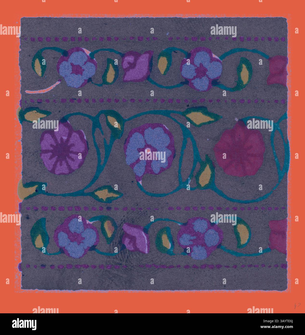 Ein lebhaftes Muster mit stilisierten Blumen und wirbelnden Weinstöcken vor einem kontrastierenden, auffälligen Hintergrund. Das florale Design präsentiert sich in verschiedenen Farben und sorgt so für einen lebendigen und dekorativen Effekt. Indisches Ornament Klassische Kunst mit modernem Touch, neu gestaltet von Artotop Stockfoto