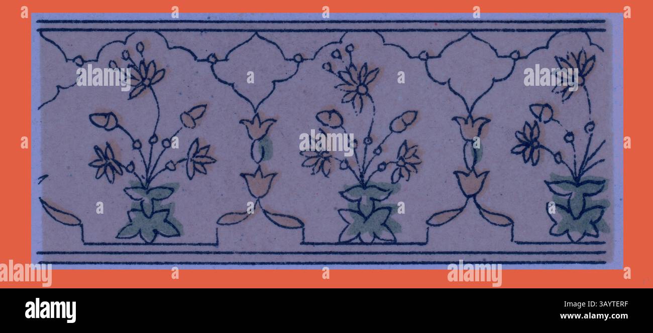 Eine dekorative Borte mit komplizierten Blumenmotiven mit stilisierten Blumen und Blättern vor einem gemusterten Hintergrund. Das Design bietet eine harmonische Mischung aus Kurven und geometrischen Formen, die eine elegante und zarte Ästhetik schaffen. Indisches Ornament Klassische Kunst mit modernem Touch, neu gestaltet von Artotop Stockfoto