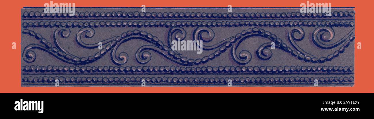 Eine verzierte dekorative Borte mit komplizierten, wirbelnden Mustern und runden Verzierungen. Das Design zeigt eine Mischung aus Kurven und Punkten und sorgt so für ein elegantes und elegantes Erscheinungsbild. Hindu Ornament Klassische Kunst mit modernem Touch, neu interpretiert von Artotop Stockfoto