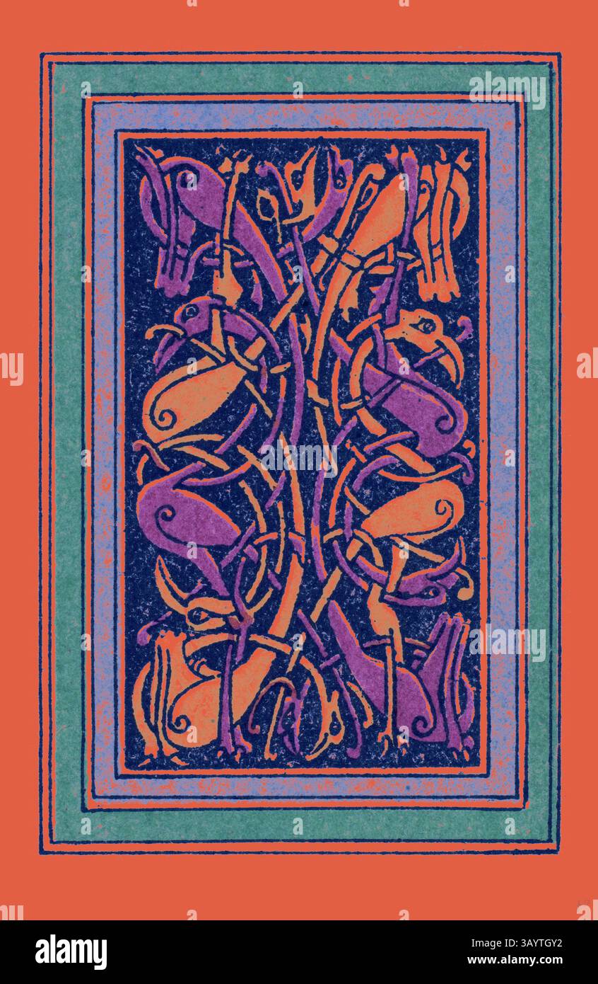 Ein kompliziertes Design mit verflochtenen Formen und stilisierten Figuren, das eine Mischung aus organischen Formen und dekorativen Motiven in leuchtenden Farben zeigt und von kontrastierenden Rändern eingerahmt wird. Celtic Ornament Klassische Kunst mit modernem Touch, neu interpretiert von Artotop Stockfoto