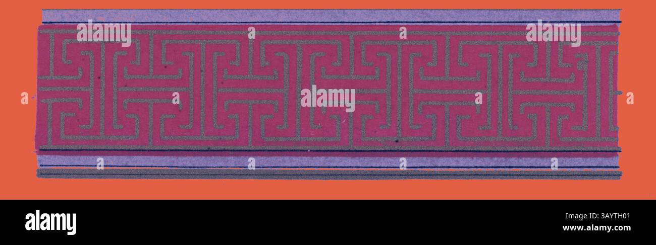 Ein dekorativer Rand mit einem sich wiederholenden geometrischen Muster aus ineinander greifenden Spiralen, der vor einem leuchtenden orangefarbenen Hintergrund steht. Das Design zeigt komplizierte Linien in Kontrasttönen. Mediæval Ornament Klassische Kunst mit modernem Touch, neu interpretiert von Artotop Stockfoto