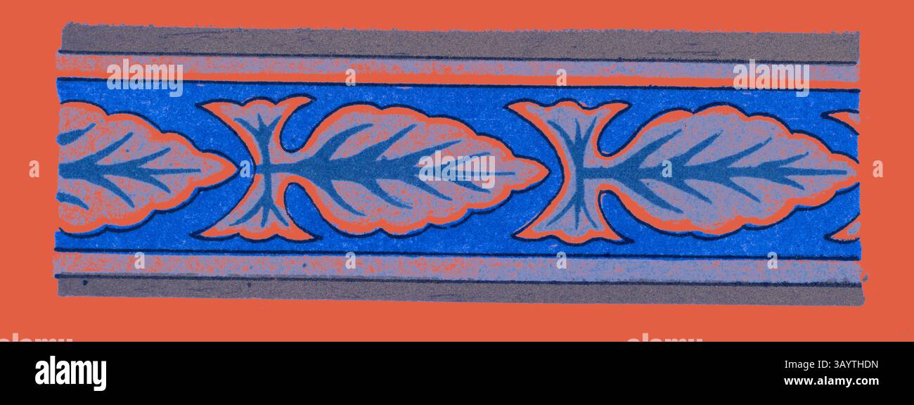 Ein dekorativer Rand mit stilisierten Blättern in leuchtenden Blau- und Orangetönen vor einem gedämpften Hintergrund. Das Design besticht durch komplexe Details und ein rhythmisches Muster, das einen Hauch von Eleganz verleiht. Mediæval Ornament Klassische Kunst mit modernem Touch, neu interpretiert von Artotop Stockfoto