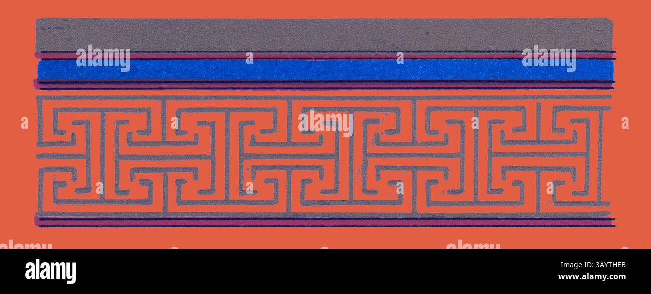 Ein kompliziertes Muster mit geometrischen Motiven in kontrastierenden Farben, eingerahmt von kräftigen horizontalen Linien, die Tiefe und Textur verleihen. Mediæval Ornament Klassische Kunst mit modernem Touch, neu interpretiert von Artotop Stockfoto