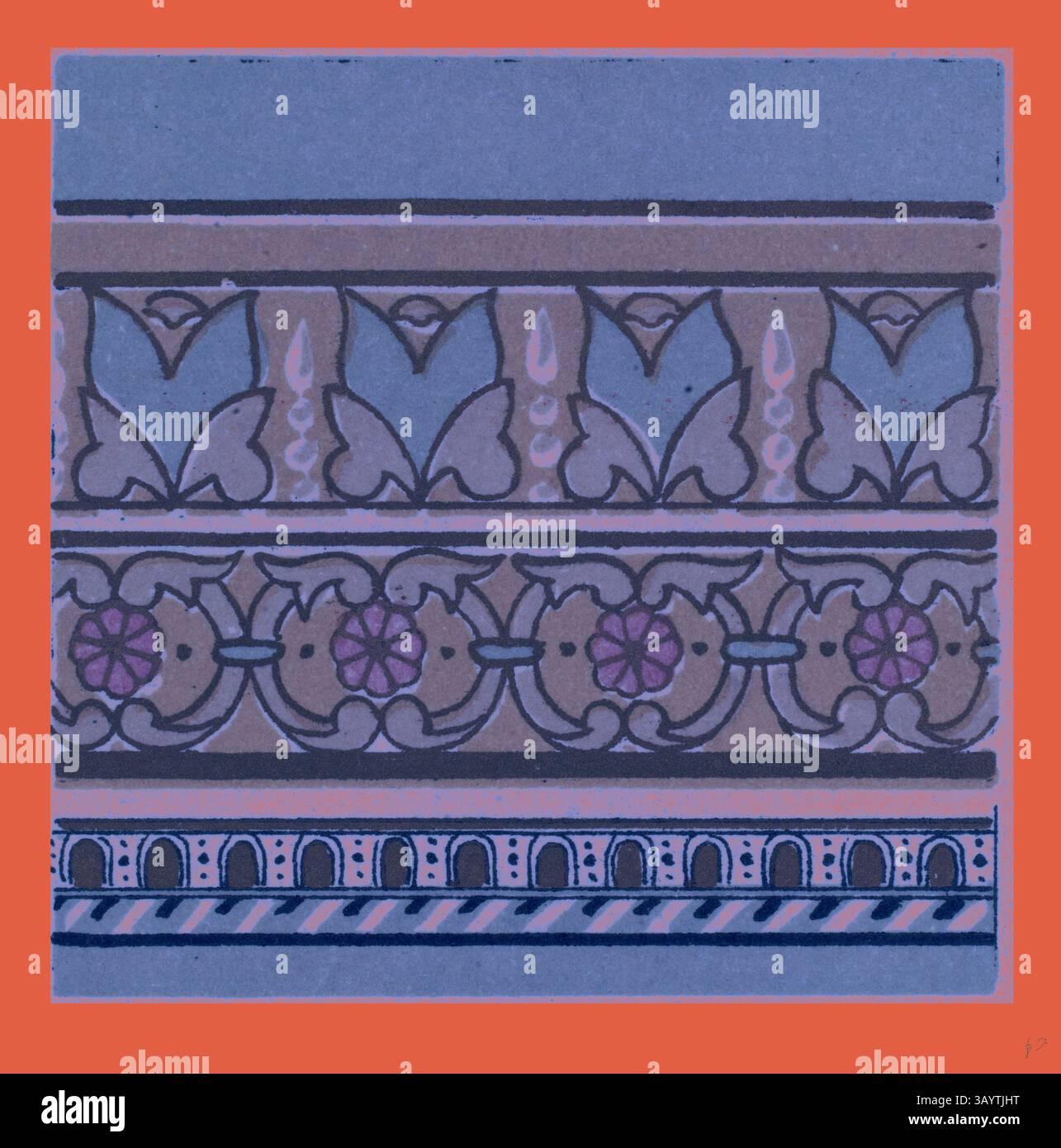 Ein kompliziertes Design mit eleganten Blumenmotiven und dekorativen Bändern, das eine harmonische Mischung aus geometrischen Formen und organischen Formen präsentiert, die alle von einem lebendigen Hintergrund eingerahmt werden. Renaissance Ornament Klassische Kunst mit modernem Touch, neu gestaltet von Artotop Stockfoto