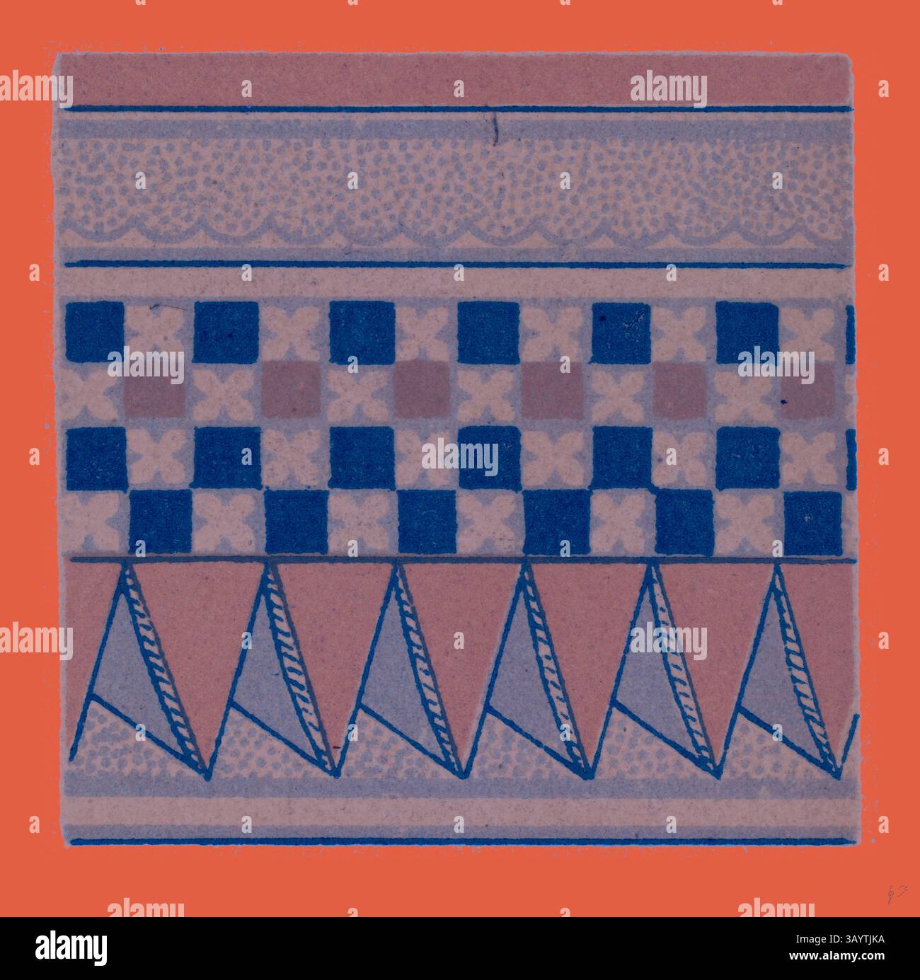 Ein lebendiges Muster besteht aus einer Kombination aus karierten Designs und dreieckigen Formen, die auf einem strukturierten Hintergrund angeordnet sind und komplizierte Linien und geometrische Formen verschmelzen. Renaissance Ornament Klassische Kunst mit modernem Touch, neu gestaltet von Artotop Stockfoto