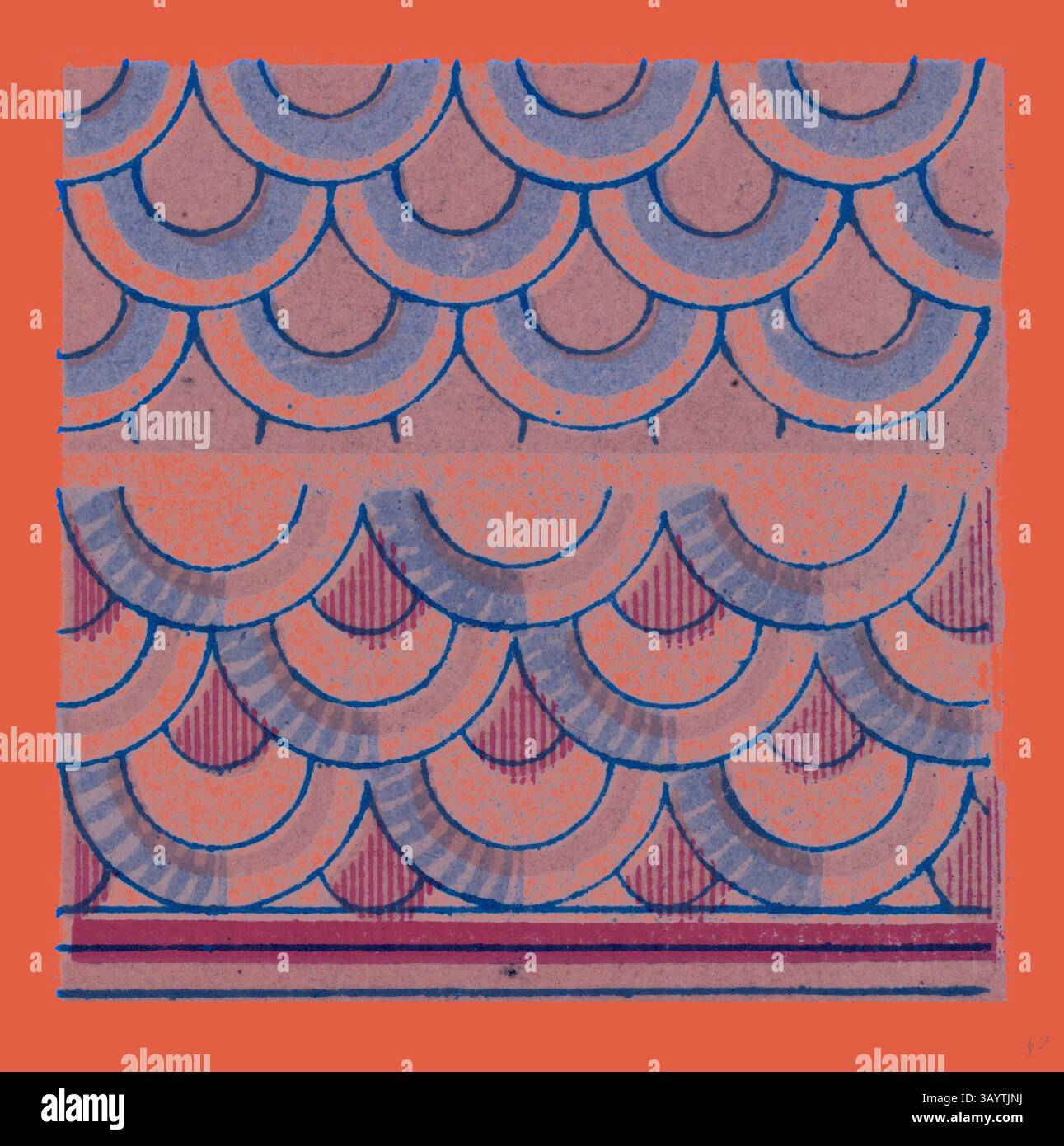 Ein lebhaftes Muster mit mehrschichtigen, geschwungenen Formen in verschiedenen Farbtönen, das ein rhythmisches und strukturiertes Design vor einem auffälligen orangefarbenen Hintergrund schafft. Renaissance Ornament Klassische Kunst mit modernem Touch, neu gestaltet von Artotop Stockfoto