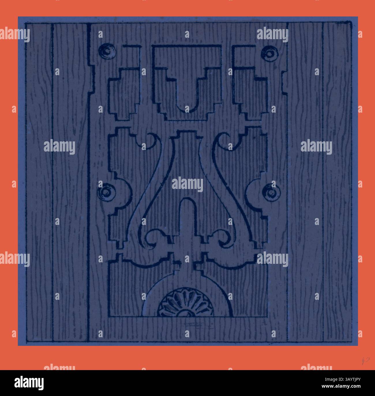 Eine dekorative Tafel mit komplexen geometrischen Mustern und Motiven vor einem kontrastierenden orangefarbenen Hintergrund. Das Design zeigt eine Mischung aus Kurven und Linien, wodurch ein reichhaltiges, strukturiertes Erscheinungsbild entsteht. Renaissance Ornament Klassische Kunst mit modernem Touch, neu gestaltet von Artotop Stockfoto