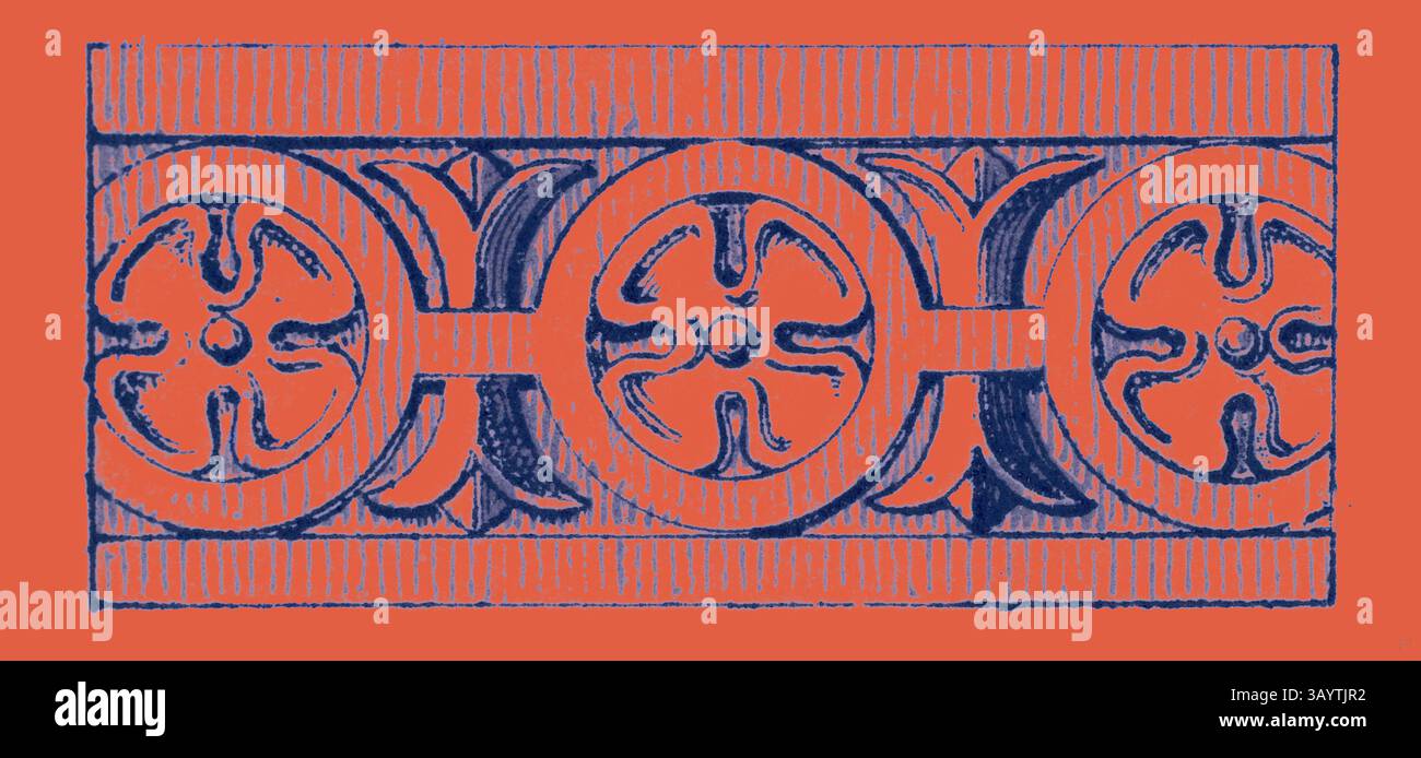 Ein kompliziertes Design mit kreisförmigen Motiven, durchsetzt mit eleganten floralen Elementen, eingerahmt von parallelen Linien, die ein Gefühl von Tiefe und Struktur schaffen. Der kräftige Farbkontrast unterstreicht die detailreiche Verarbeitung des Musters. Renaissance Ornament Klassische Kunst mit modernem Touch, neu gestaltet von Artotop Stockfoto